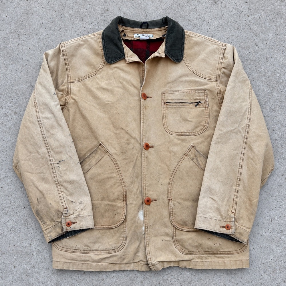 Vintage 80s LL Bean Hunting Jacket Tan Canvas Plaid Lined Distressed Chore L